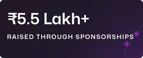 Text displaying ₹5.5 Lakh+ raised through sponsorships on a dark purple background with star accents.