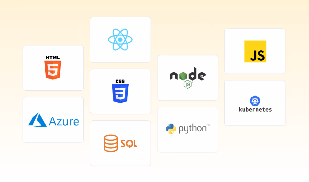 Grid of popular technology logos including HTML5, React, JavaScript, Azure, CSS3, Node.js, Kubernetes, SQL, and Python.