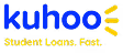Blue text 'kuhoo' with yellow lightning bolt shapes and smaller yellow text 'Student Loans. Fast.' below on black background.