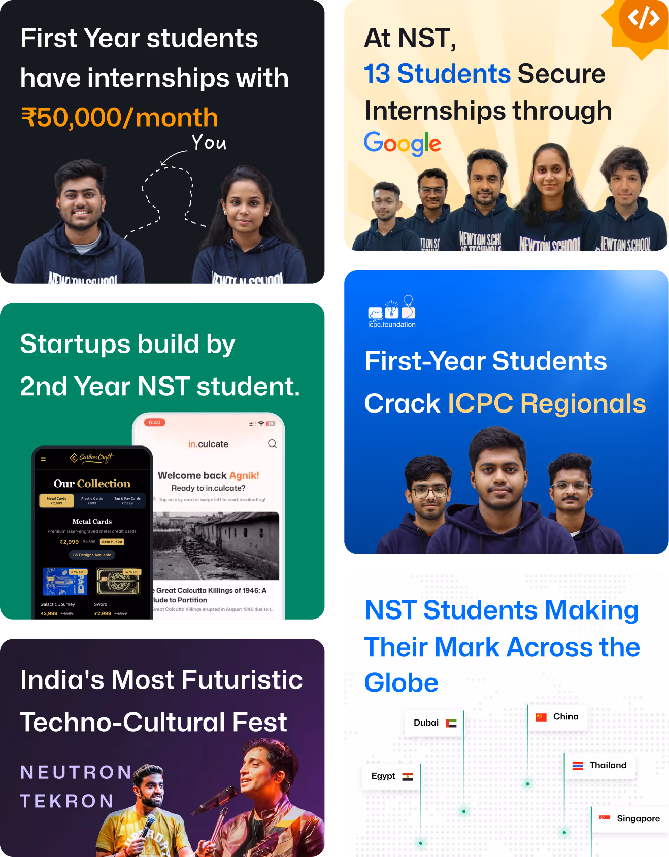 Collage showcasing NST students securing internships, building startups, cracking ICPC, and making global impact.