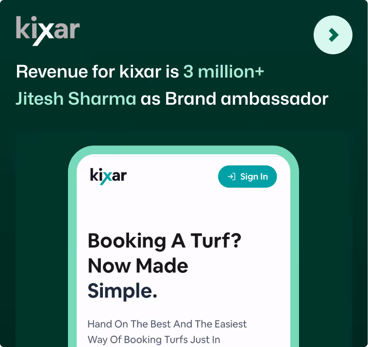 Kixar app ad showing 3 million+ revenue and Jitesh Sharma as brand ambassador.