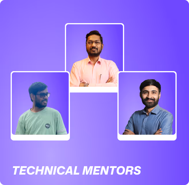 Three men with glasses posing confidently in a grid layout on a purple background captioned Technical Mentors.