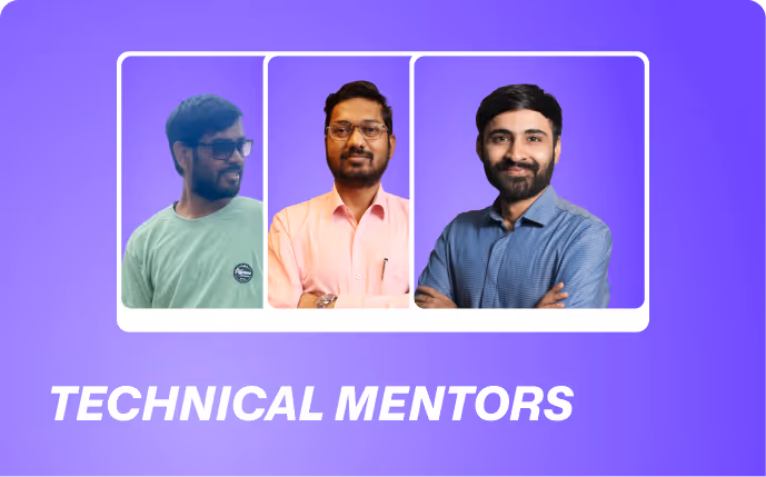 Three men in a row under the label Technical Mentors on a purple background.