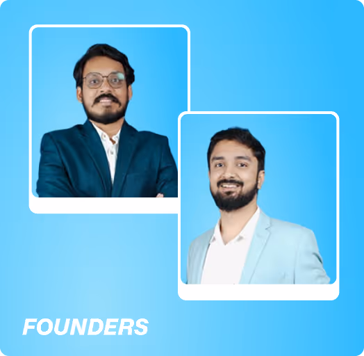 Portraits of two smiling men in suits on blue background, labeled Founders.