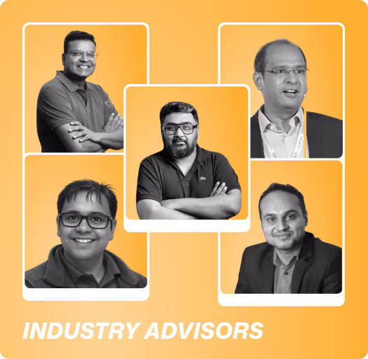 Black and white portraits of five men labeled Industry Advisors on an orange background.