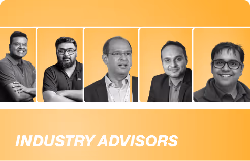Five men in professional attire pictured above text reading Industry Advisors on an orange background.