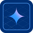 Blue square icon with rounded corners featuring a central four-pointed star gradient from purple to blue.