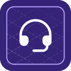 White headset with microphone icon on a purple rounded square background.