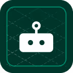 White chatbot robot icon with two eyes and antenna inside a rounded green square.