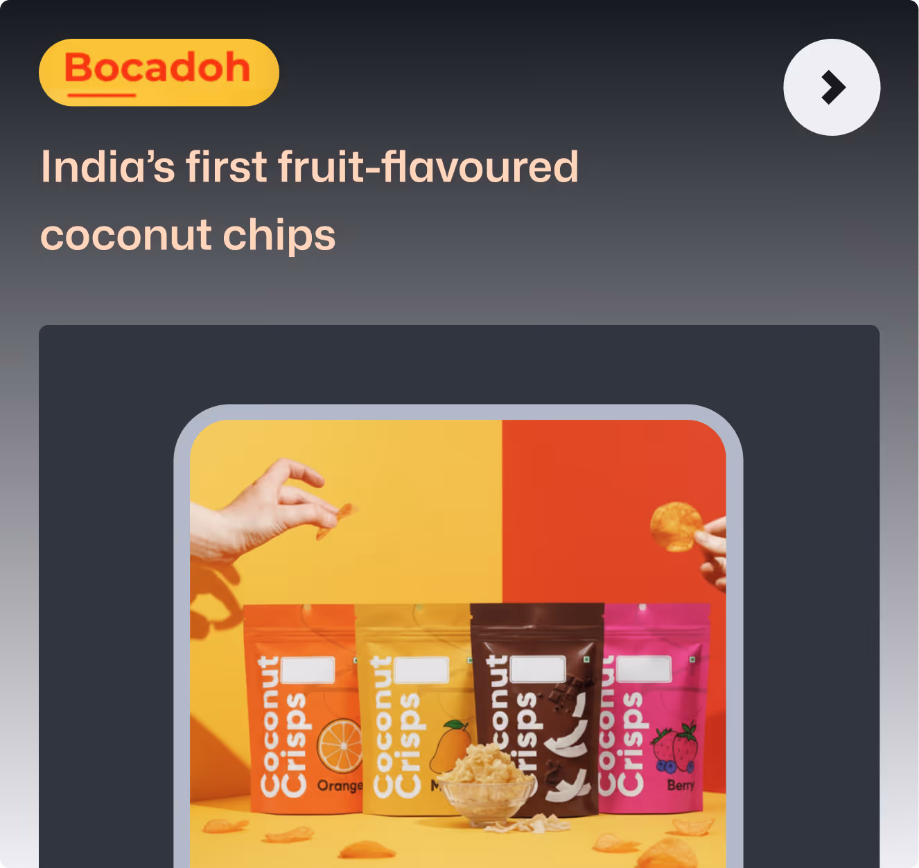 Four colorful packets of fruit-flavored coconut crisps by Bocadoh with hands holding chips over orange and red backgrounds.