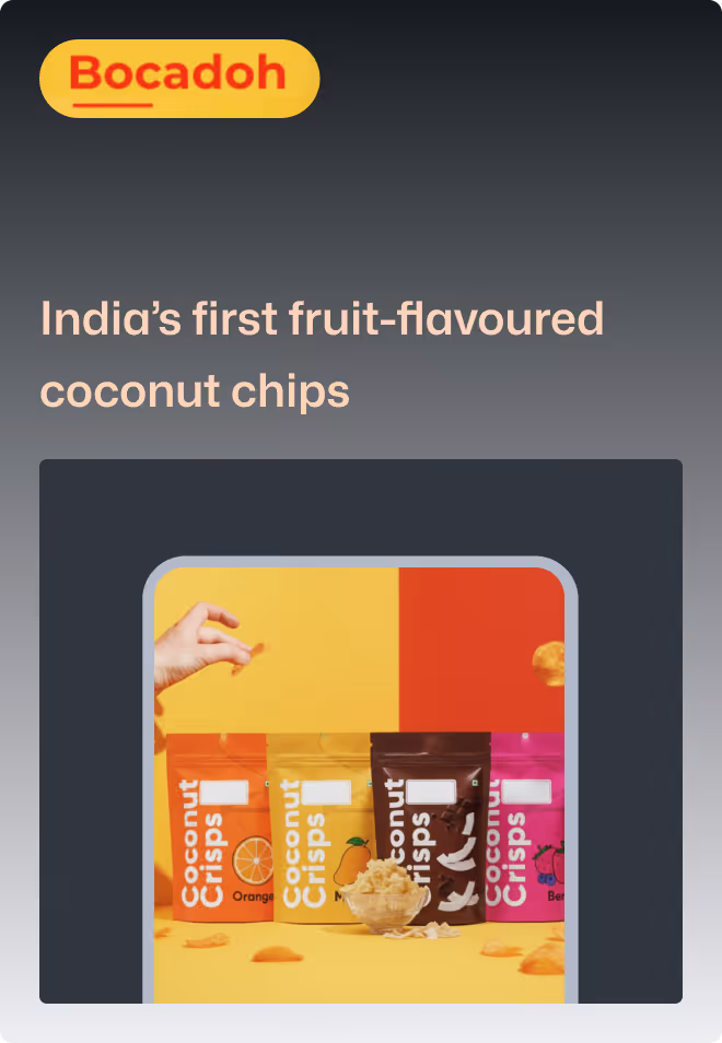 Bocadoh fruit-flavored coconut chips in orange, mango, chocolate, and berry varieties.