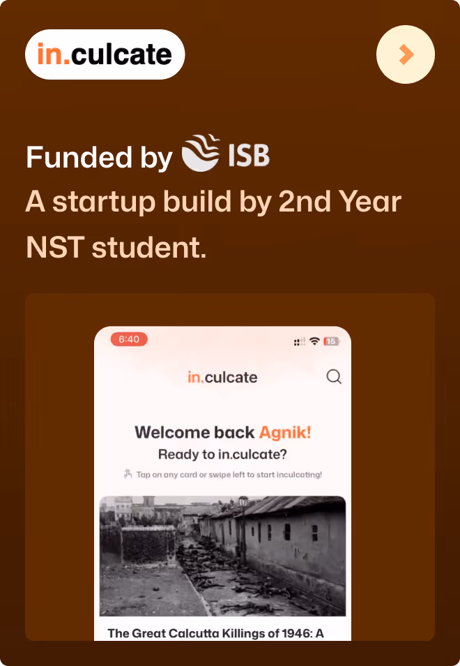 in.culcate startup funded by ISB, built by 2nd year NST student, showing app welcome screen.