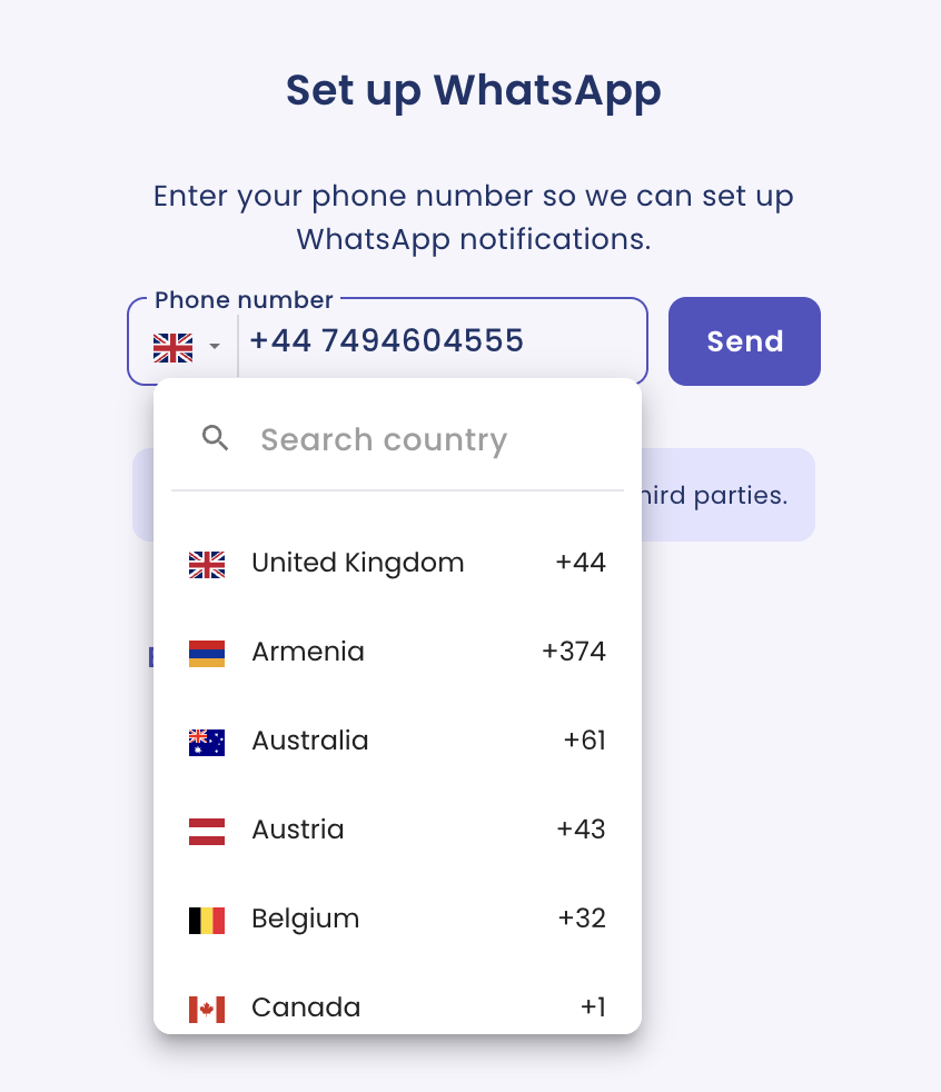 Screenshot of new international number picker