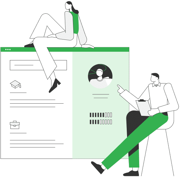 Illustration girl sits on webpage screen man sits in chair with document in hand