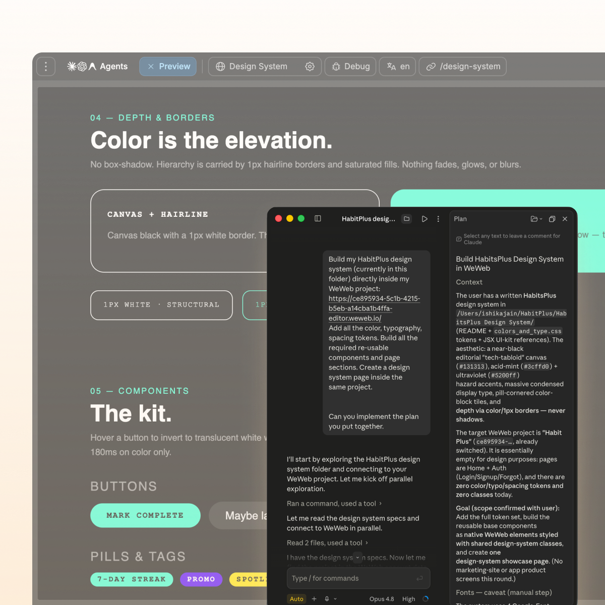 AI agent importing a brand design system into the WeWeb visual editor