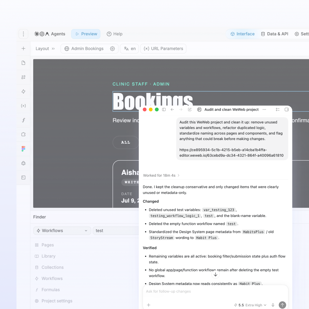 Codex refactoring a WeWeb app before launch by removing unused logic and standardizing naming