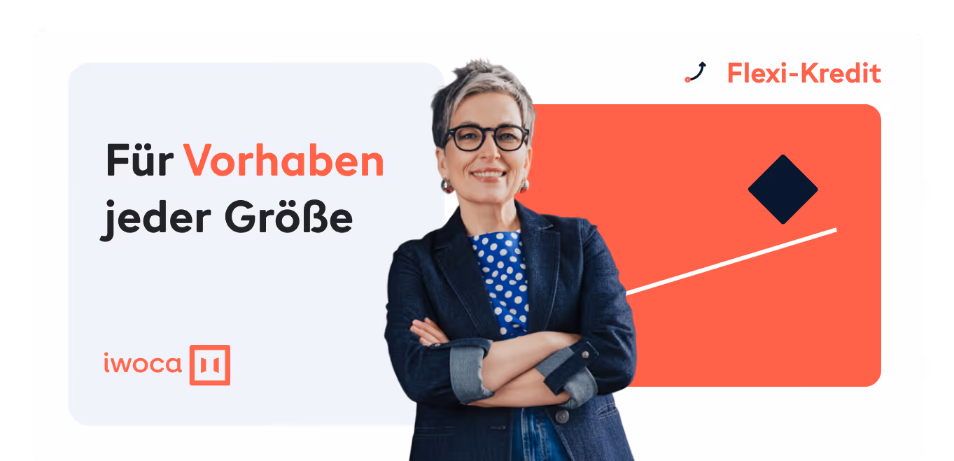 Für Vorhaben jeder Größe, der iwoca Flexi-Kredit in visueller Repräsentation mit einer lächelender Frau