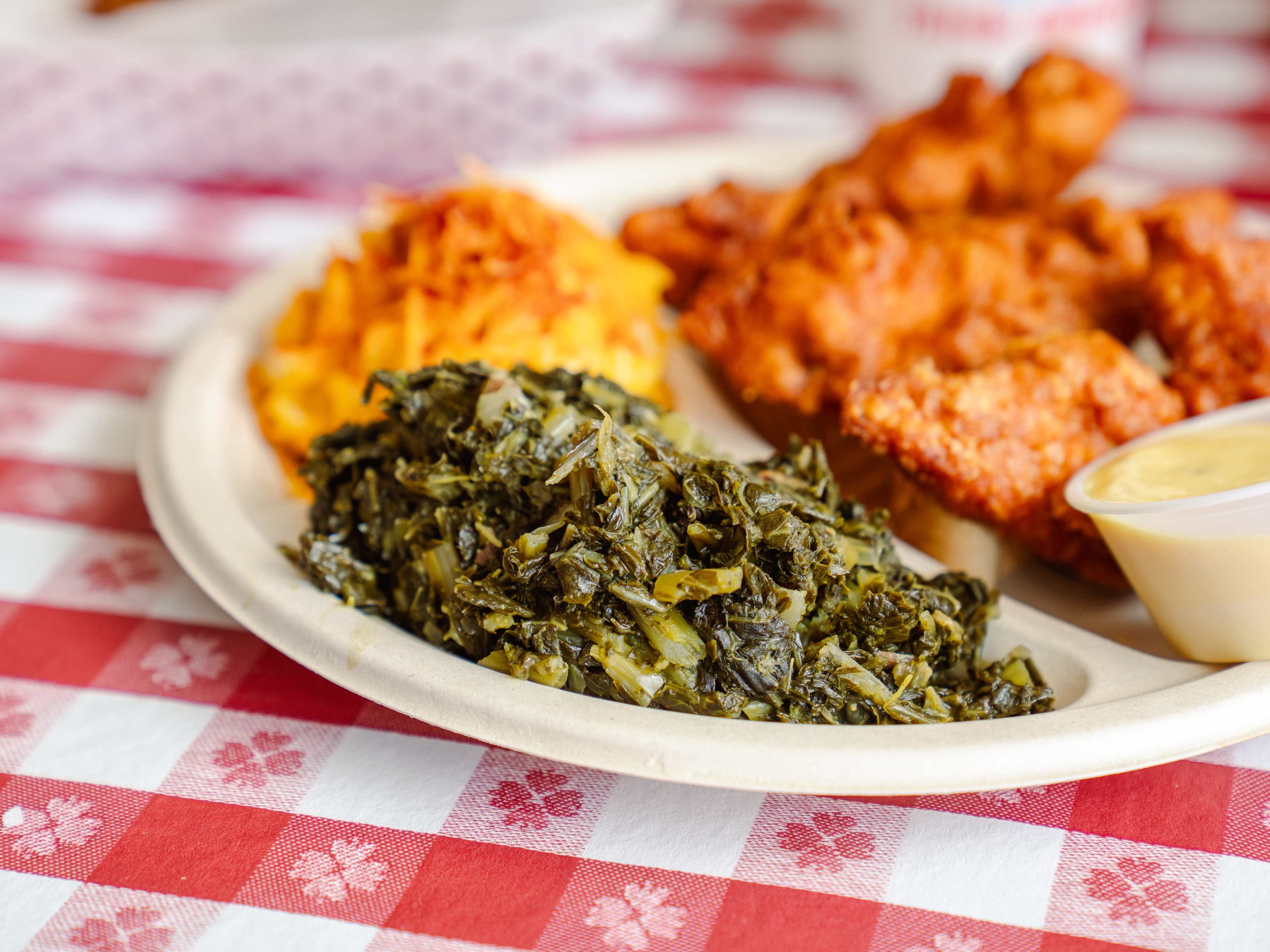 Greens on a white plate.
