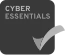 Cyber Essentials certification badge featuring text and a checkmark symbol.