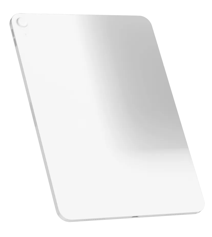 Silver tablet device viewed from the back, showing its camera and sleek design.