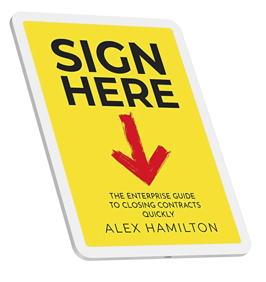 Yellow book cover titled Sign Here with a red arrow and subtitle by Alex Hamilton about closing contracts.