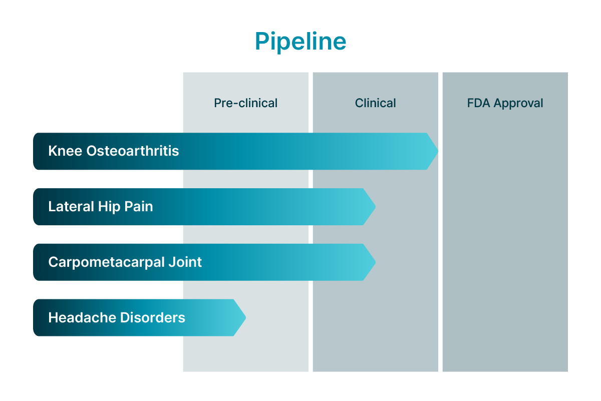 Brixton Biosciences pipeline chart showing the progress of their alternative pain therapy for Knee Osteoarthritis, Lateral Hip Pain, Carpometacarpal Joint, and Headache Disorders pain through Pre-clinical, Clinical, and FDA Approval phases.