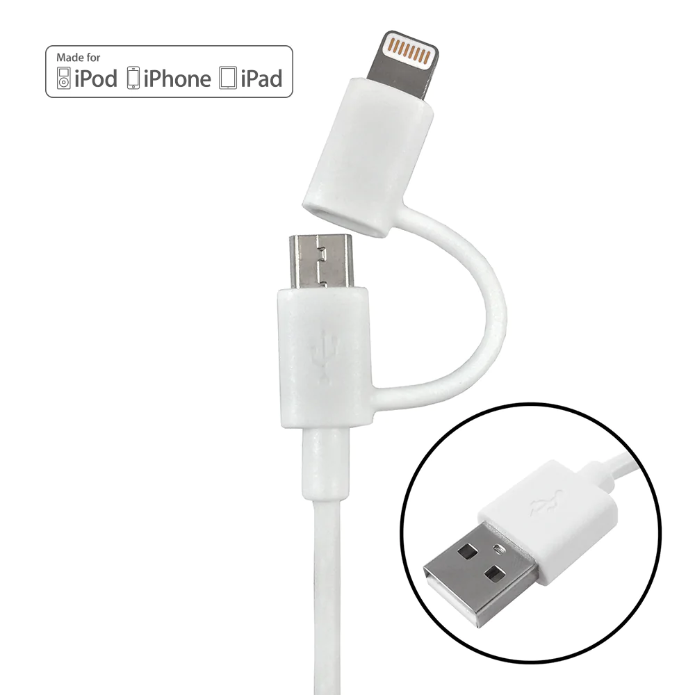 Micro USB and Lightning 8-Pin Cable, White