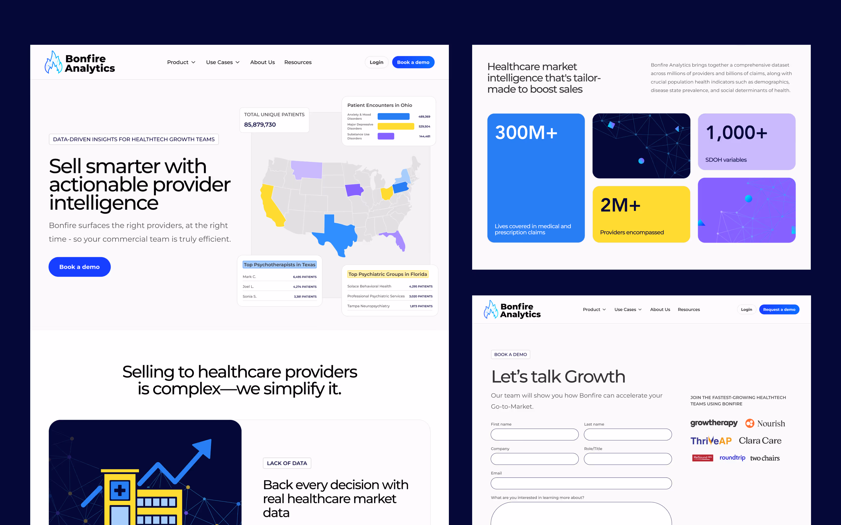 An image of Bonfire Analytics website that Rebecca Marion Lowe designed.