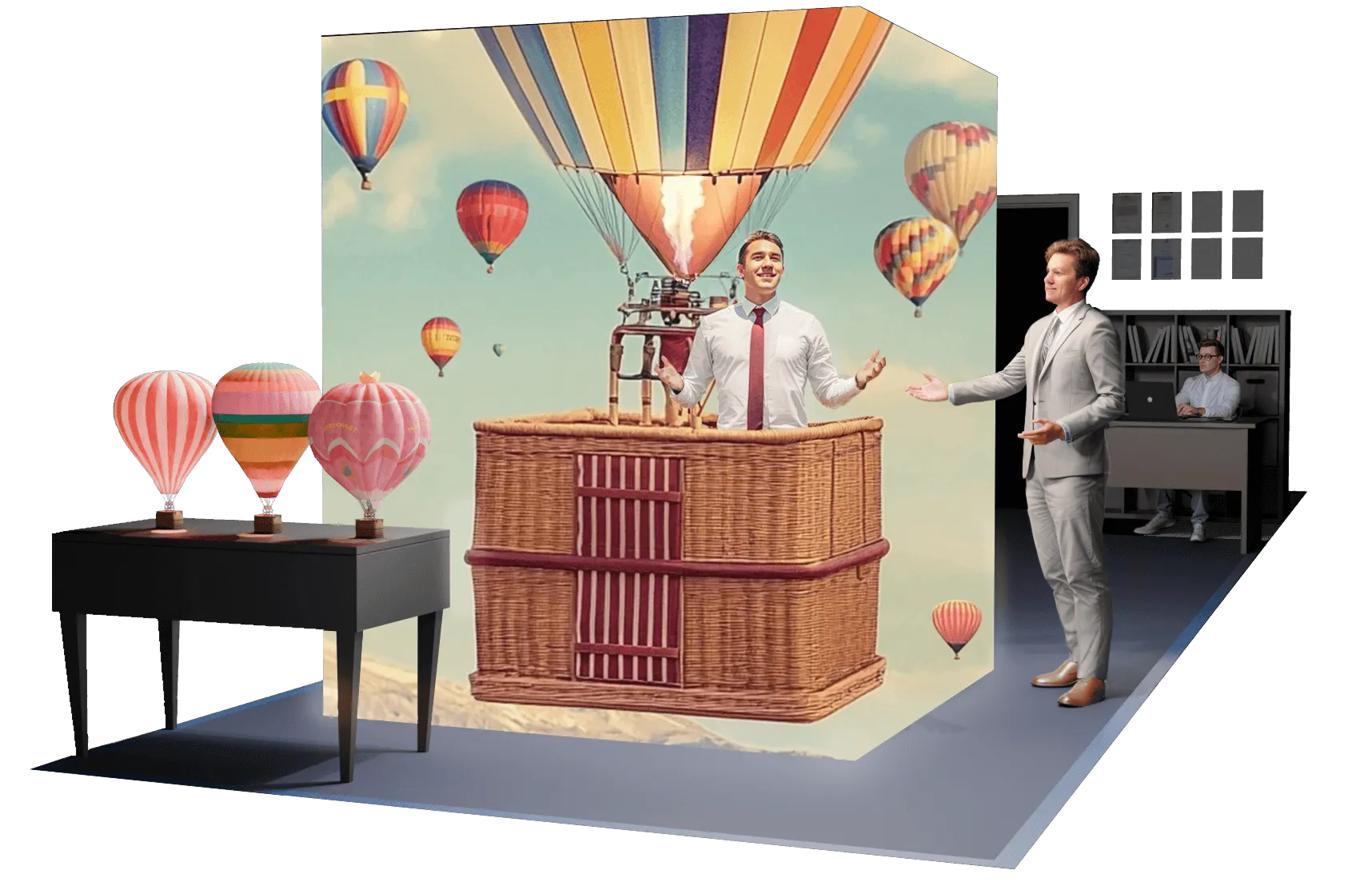A picture showing a sales person giving a demo to a customer using XR technologies