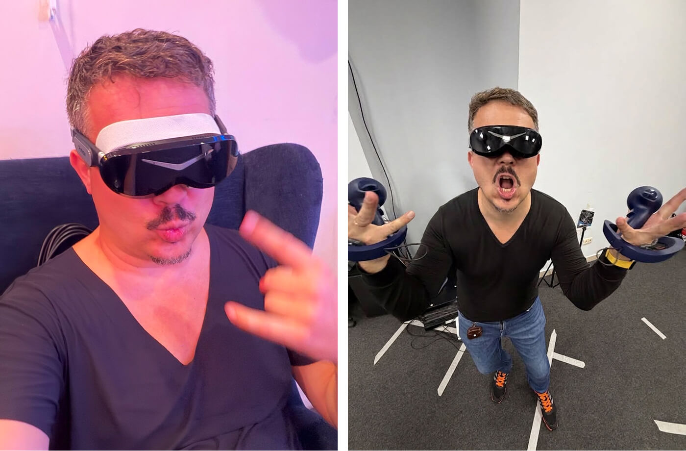 A collage of two photoes of a man wearing a VR headset