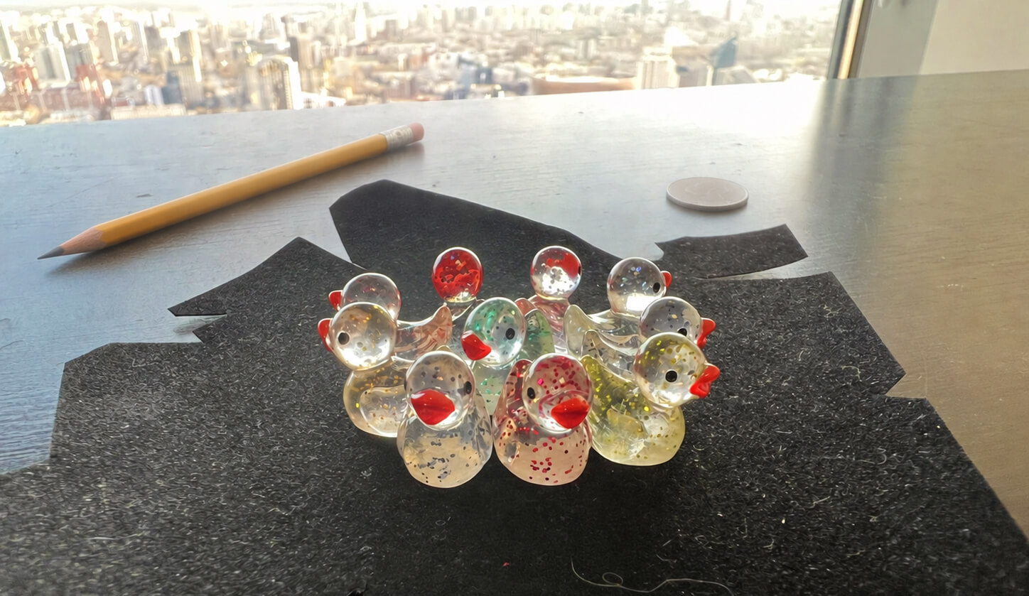 Ten tiny transparent toy ducks on a table, a pencil next to them