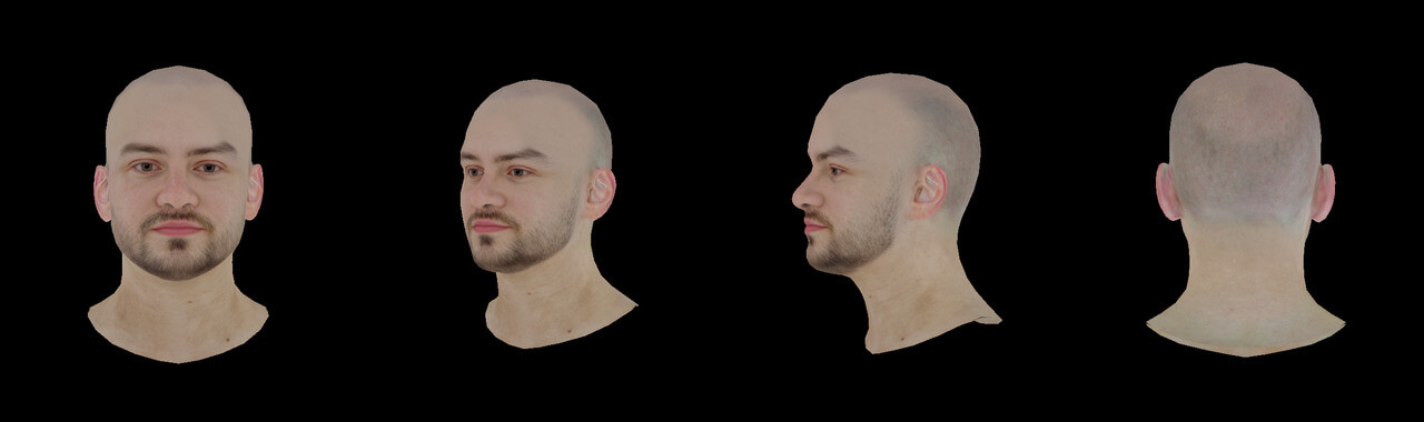 3D images of a man's bearded face from 4 angles 