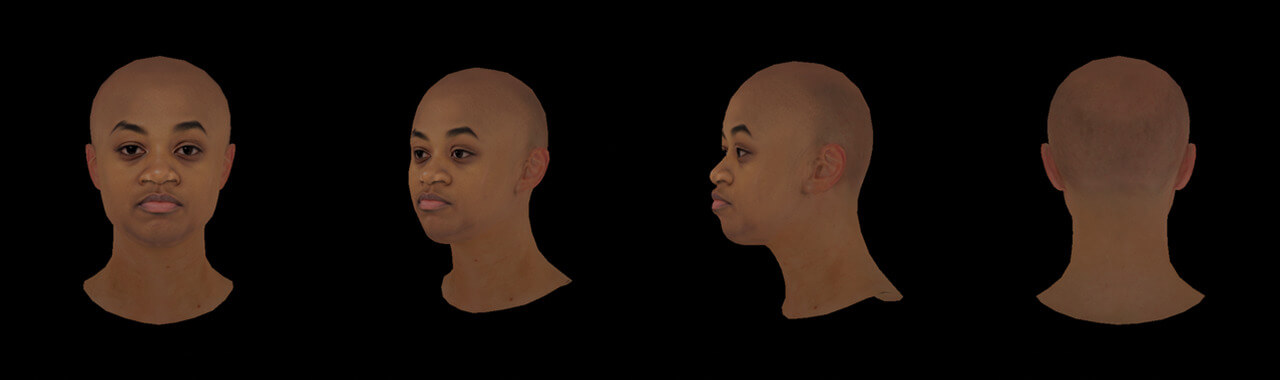 3D images of a dark-skinned woman's face from 4 angles 