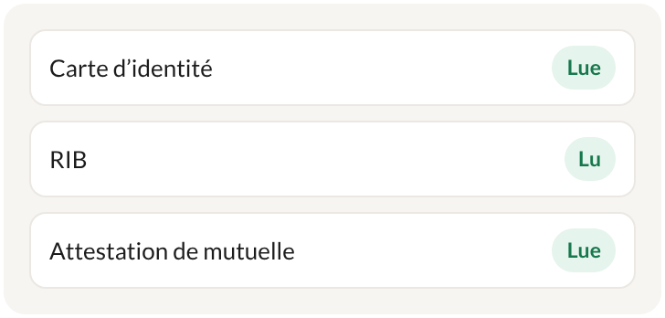 Pièces lues par l’agent : carte d’identité, RIB, attestation de mutuelle