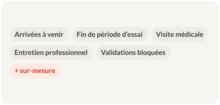 Modèles de suivi : arrivées à venir, fin de période d’essai, visite médicale, entretien professionnel, validations bloquées, sur-mesure