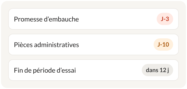 Échéances suivies : promesse d’embauche, pièces administratives, fin de période d’essai
