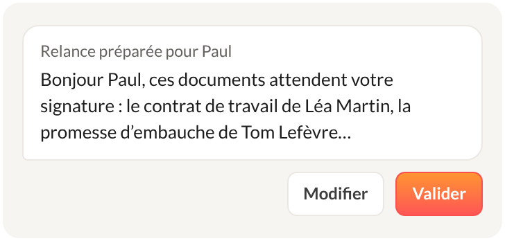 Relance préparée pour un signataire, à modifier ou à valider