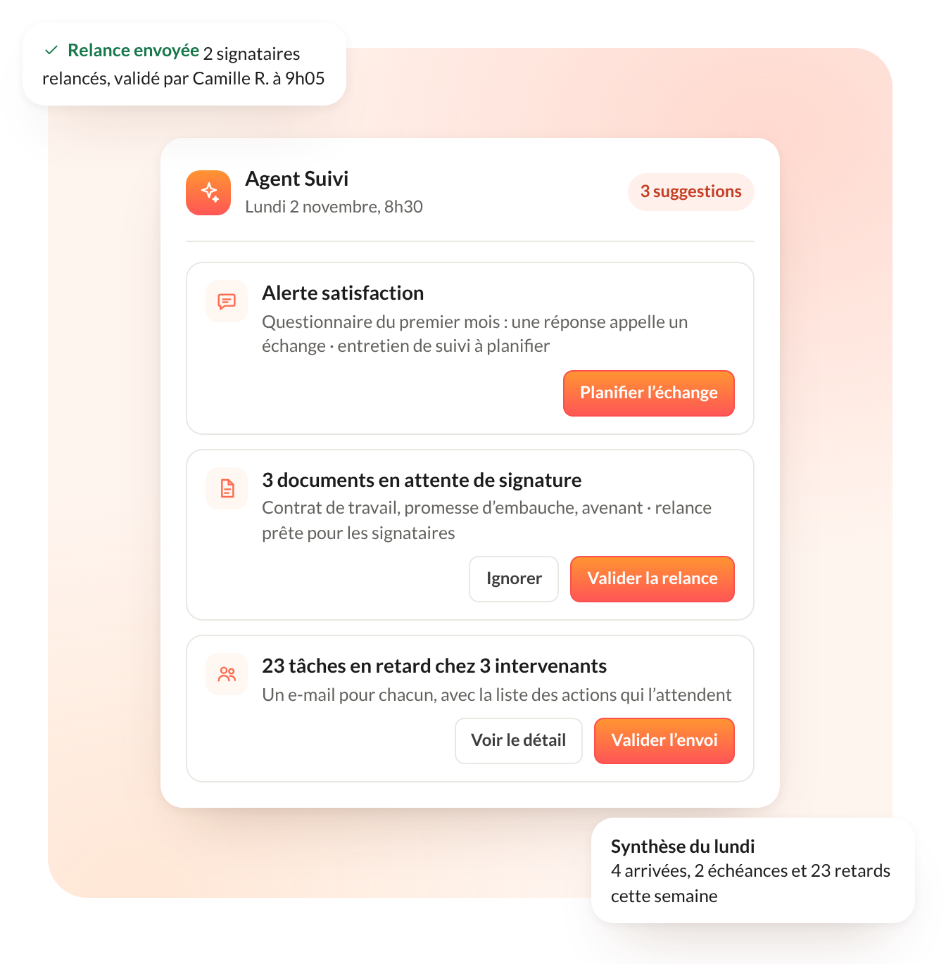 Agent Suivi HeyTeam : trois suggestions à valider (alerte satisfaction, documents en attente de signature, tâches en retard)