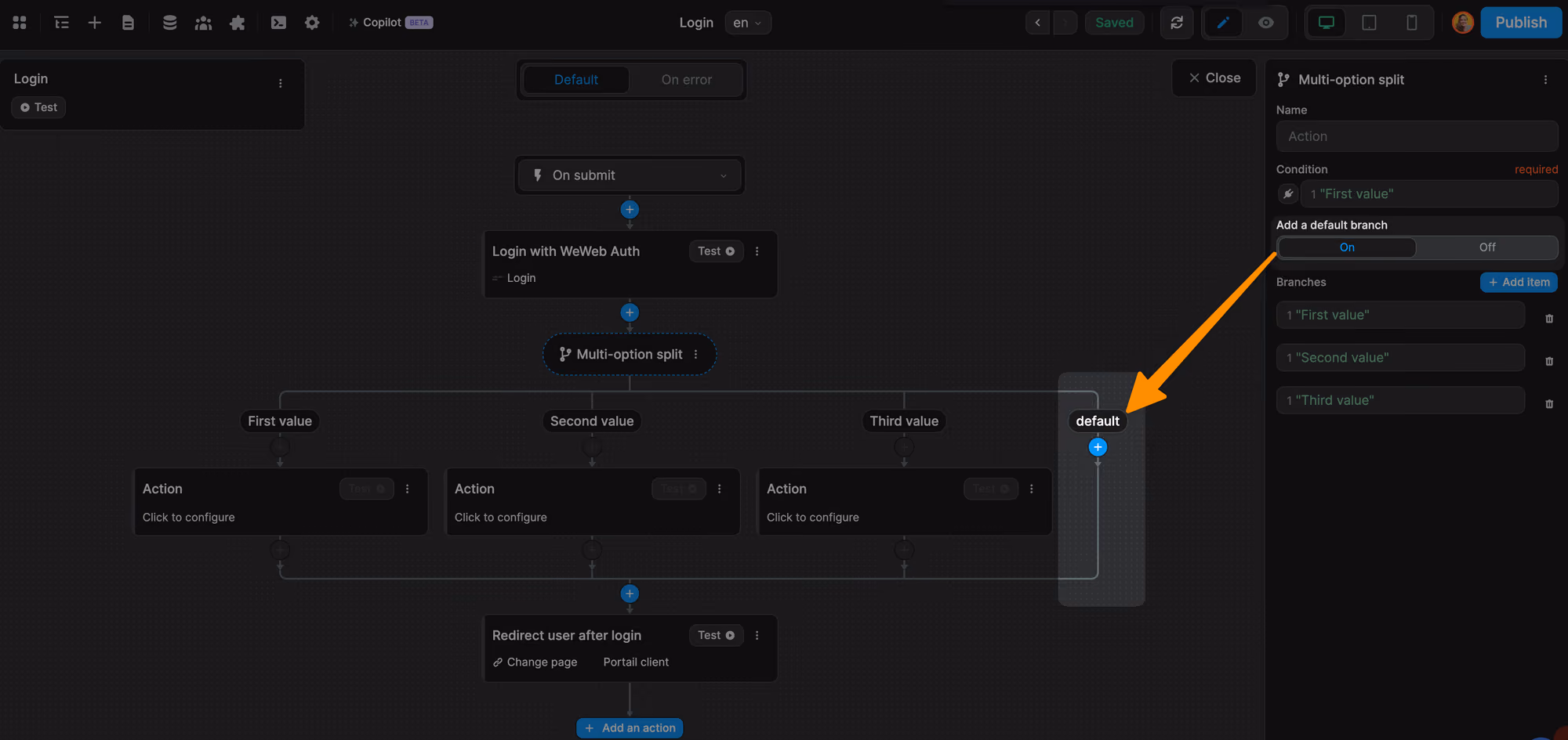 Add a default branch in a workflow