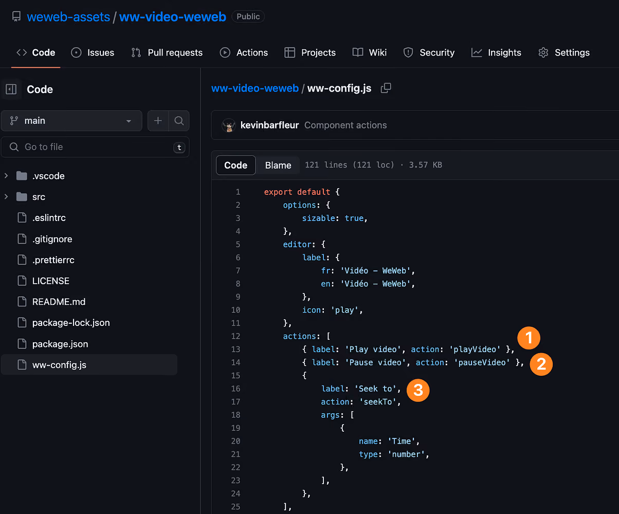 Component actions in video element