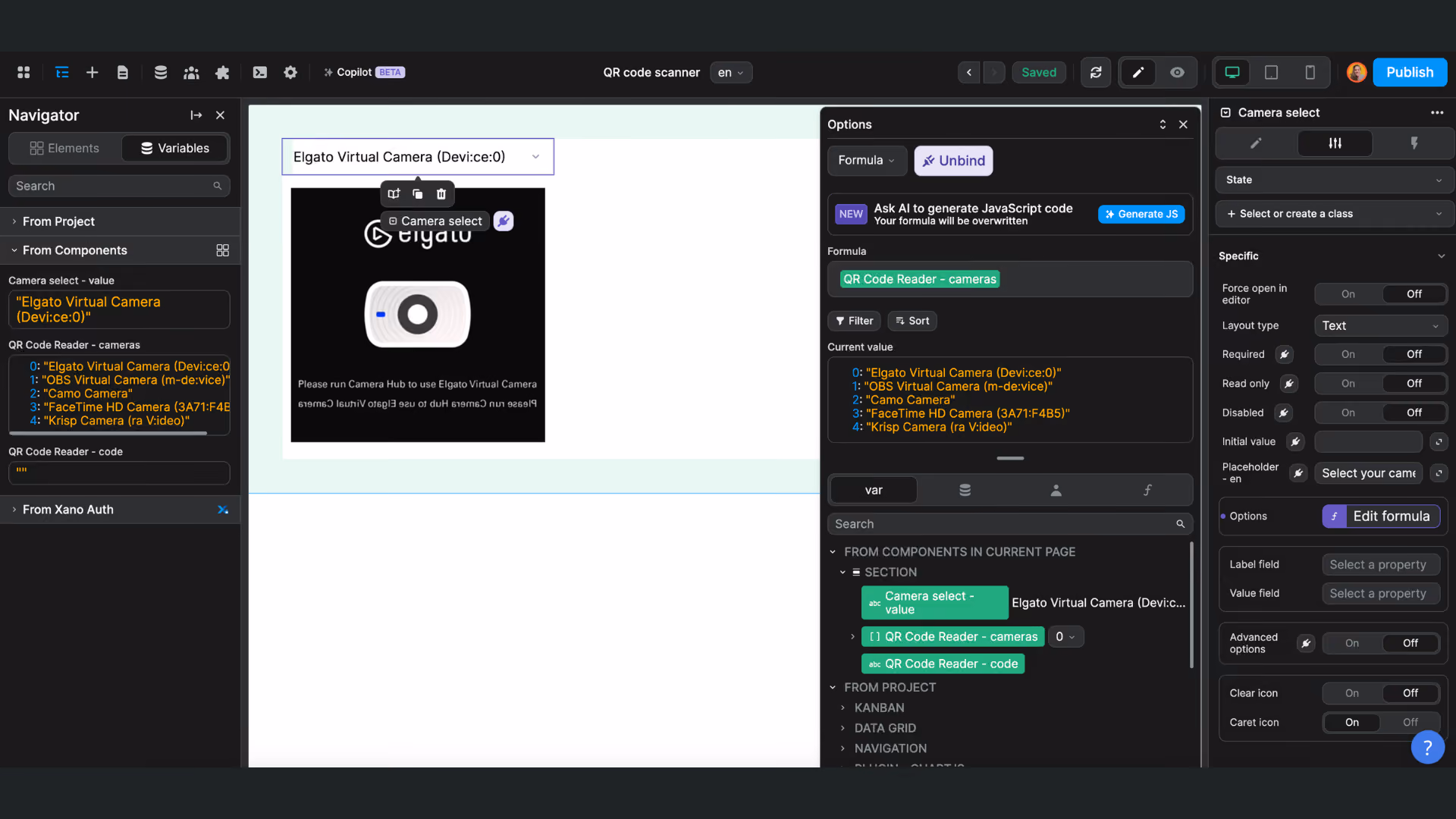 Select camera for QR code reader