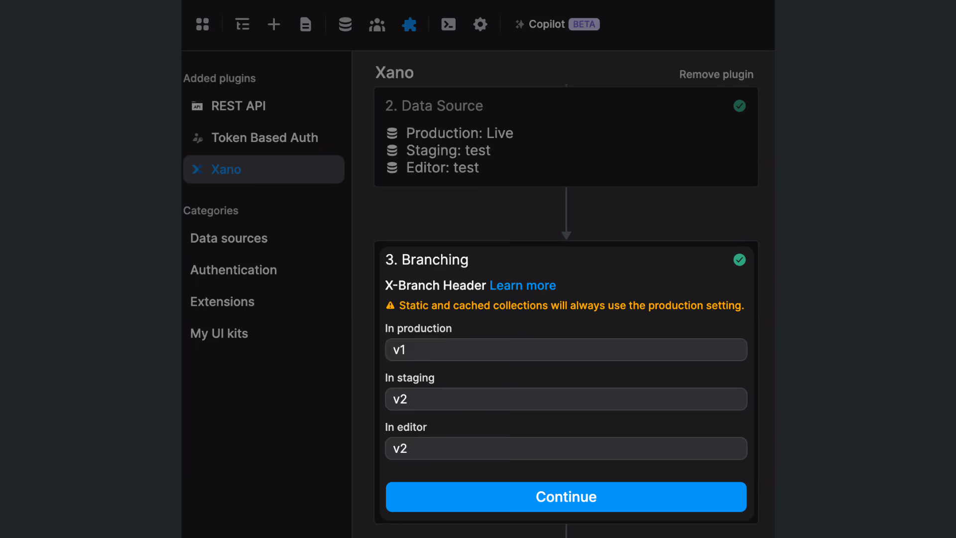 Xano branches in WeWeb