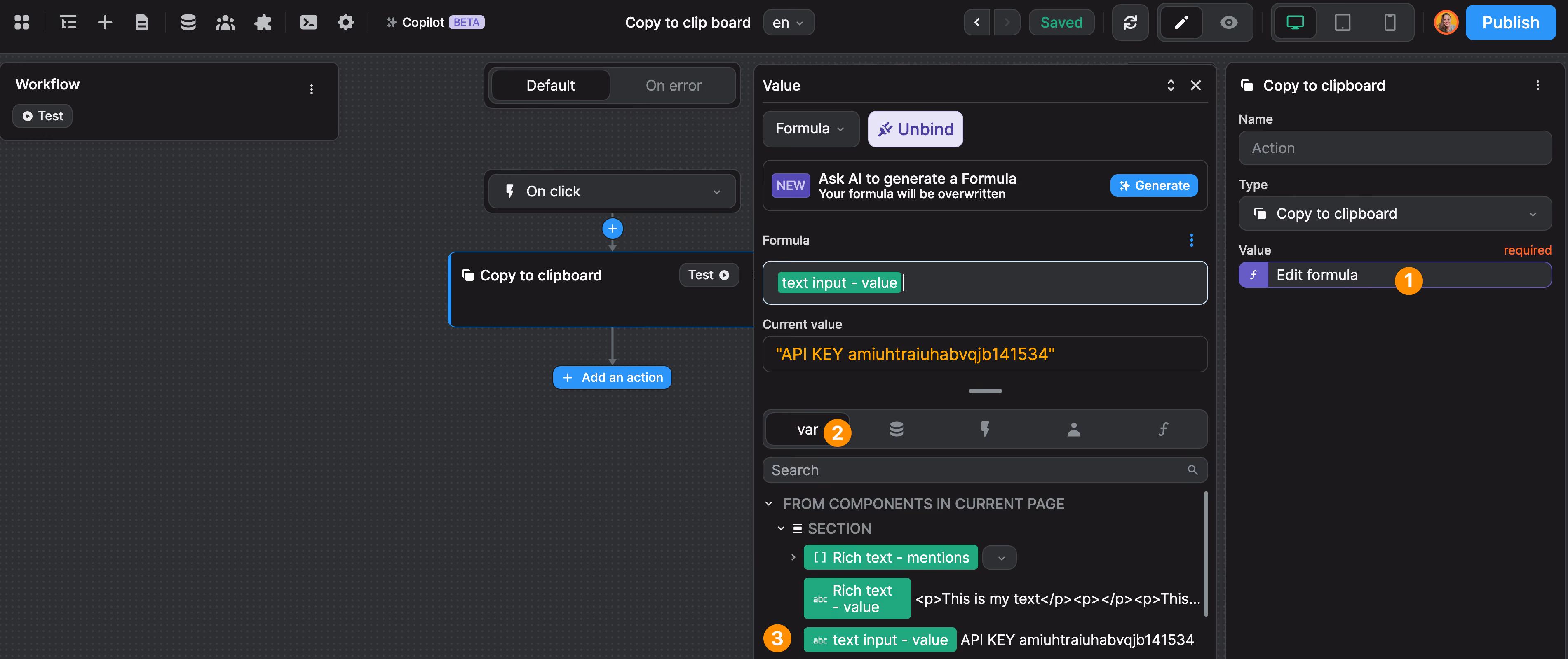 Copy to clipboard action with variable