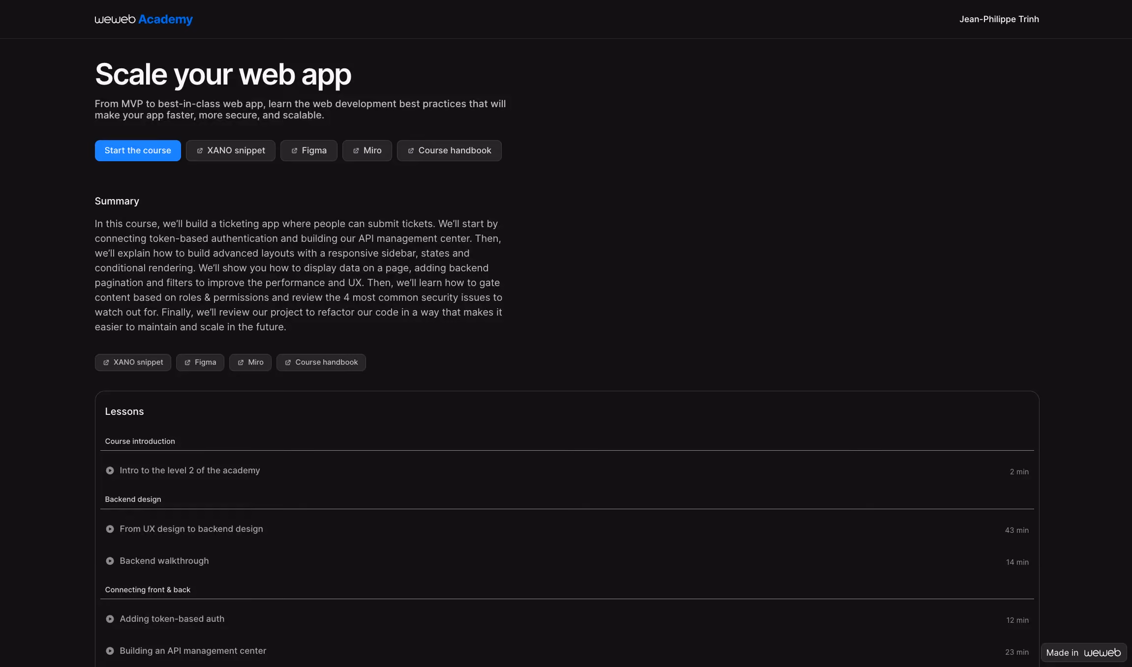 Course details page for ‘Scale your web app’ in WeWeb Academy, listing lessons