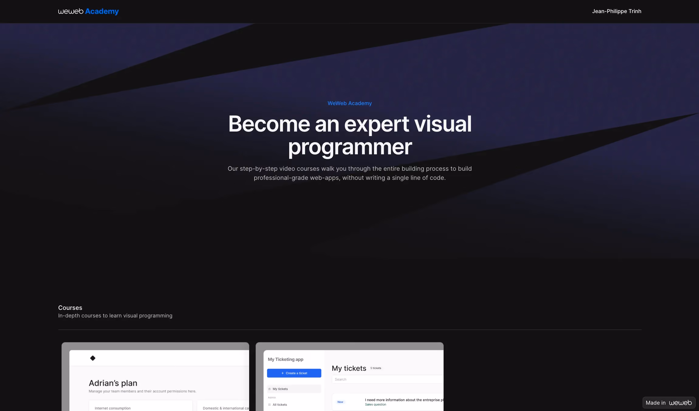 WeWeb Academy homepage with the headline ‘Become an expert visual programmer’, offering step-by-step video courses for building web apps without coding.