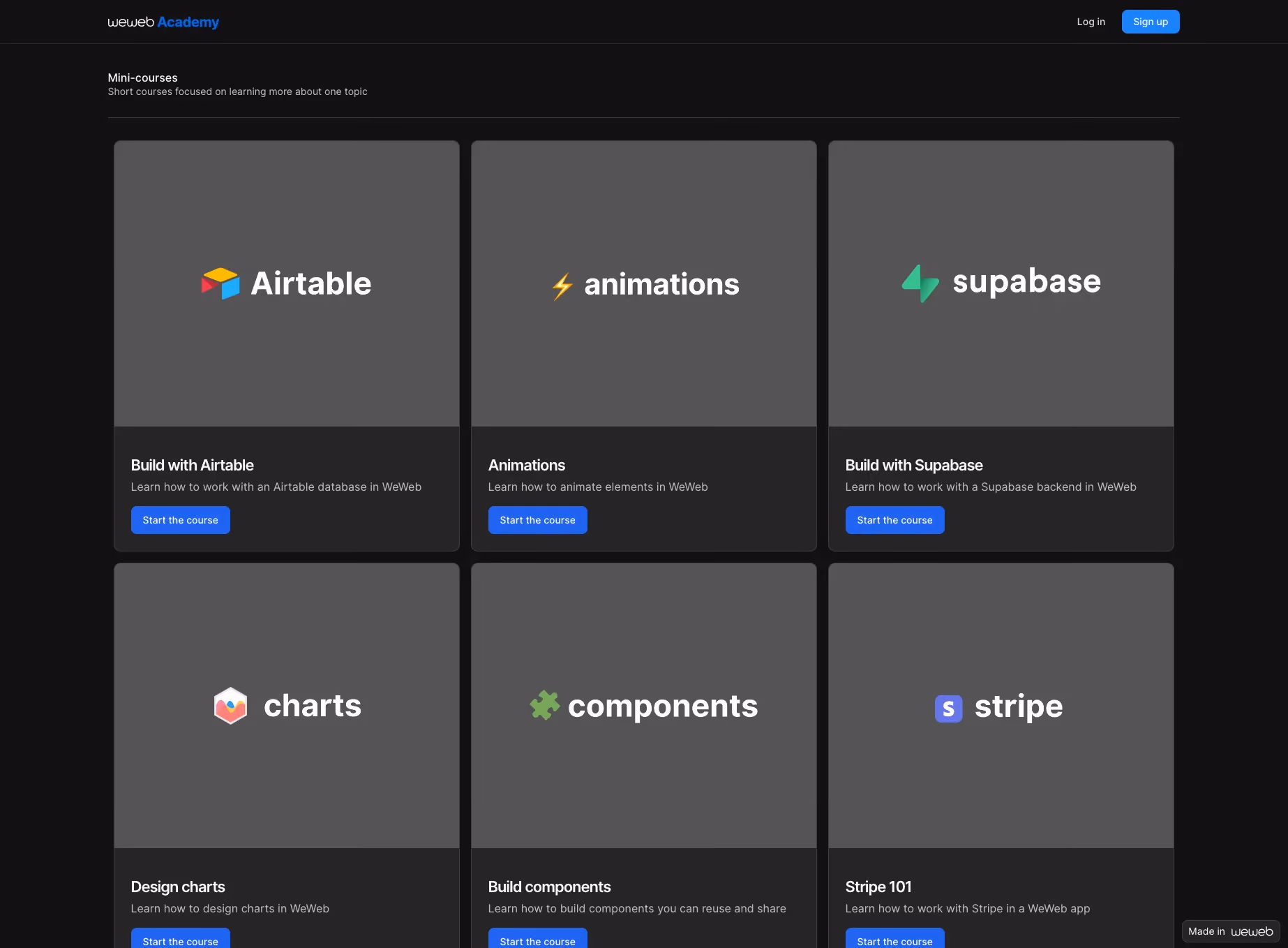 WeWeb Academy mini-courses section, showcasing courses on Airtable, animations, Supabase, charts, components, and Stripe.