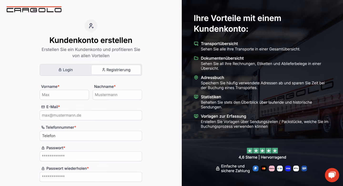 Cargolo built with WeWeb - login page