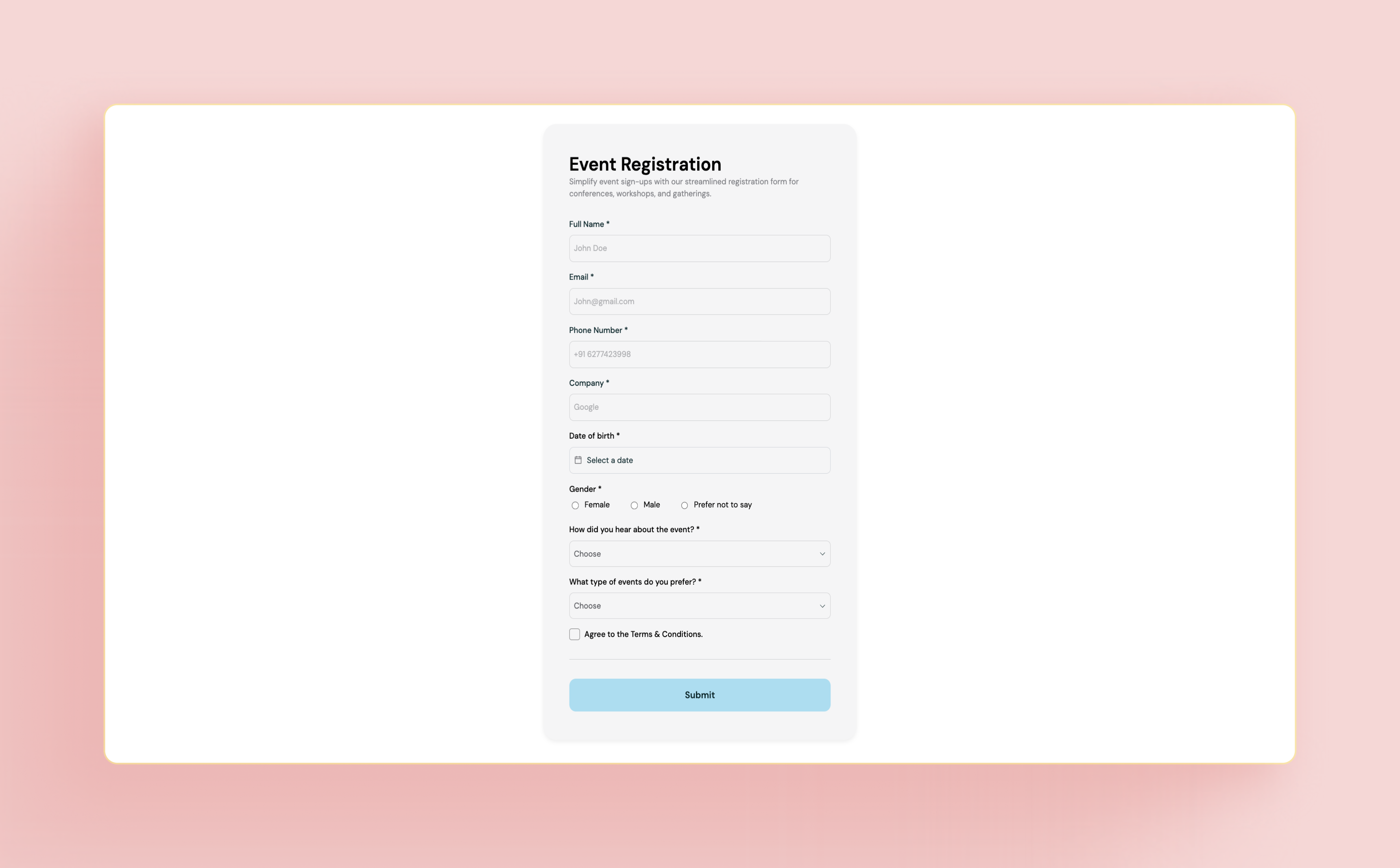Simplify sign-ups and manage attendees for conferences, workshops, or gatherings with plug-and-play registration form template.