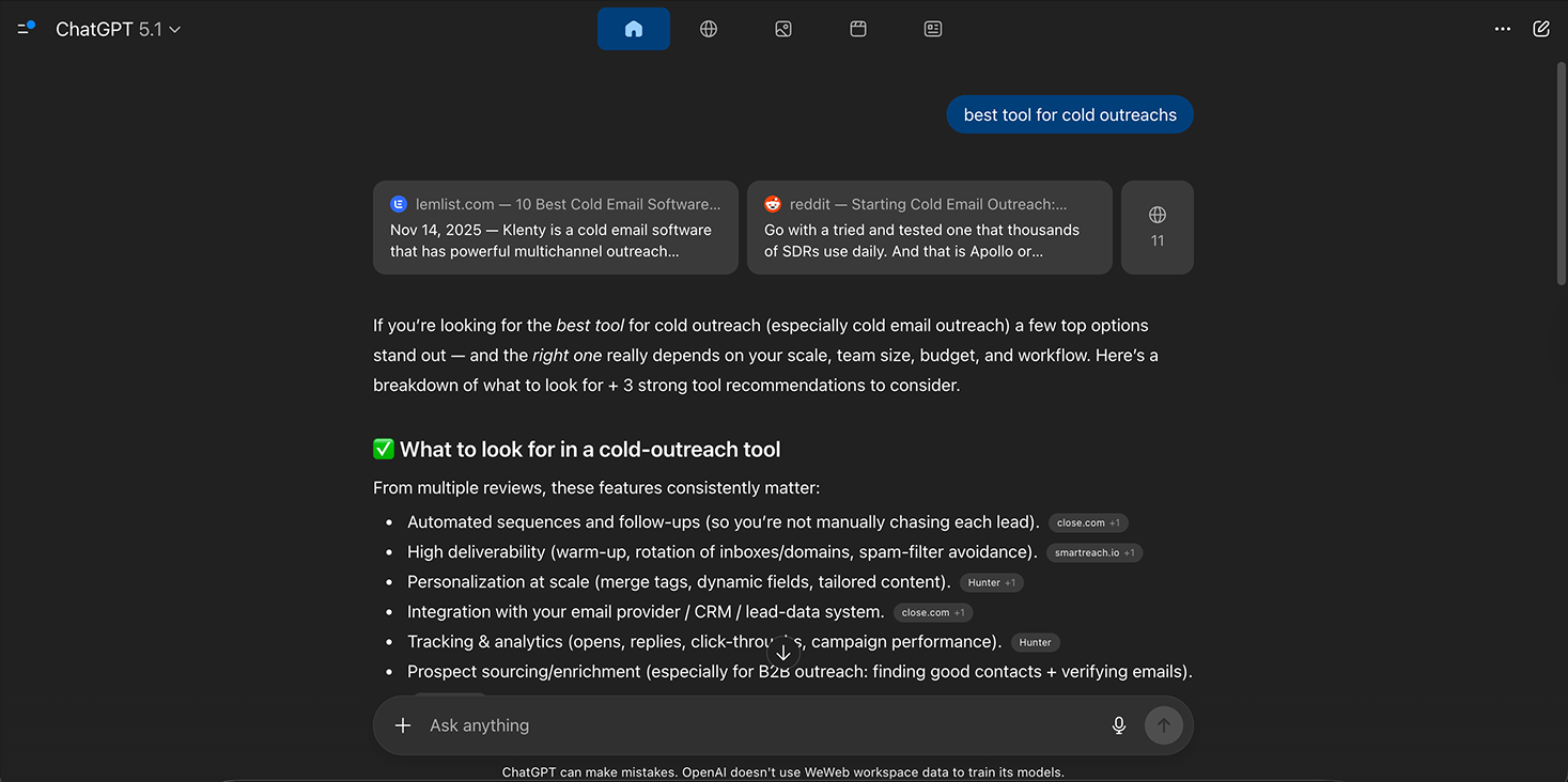 ChatGPT's response to best tool for cold outreach