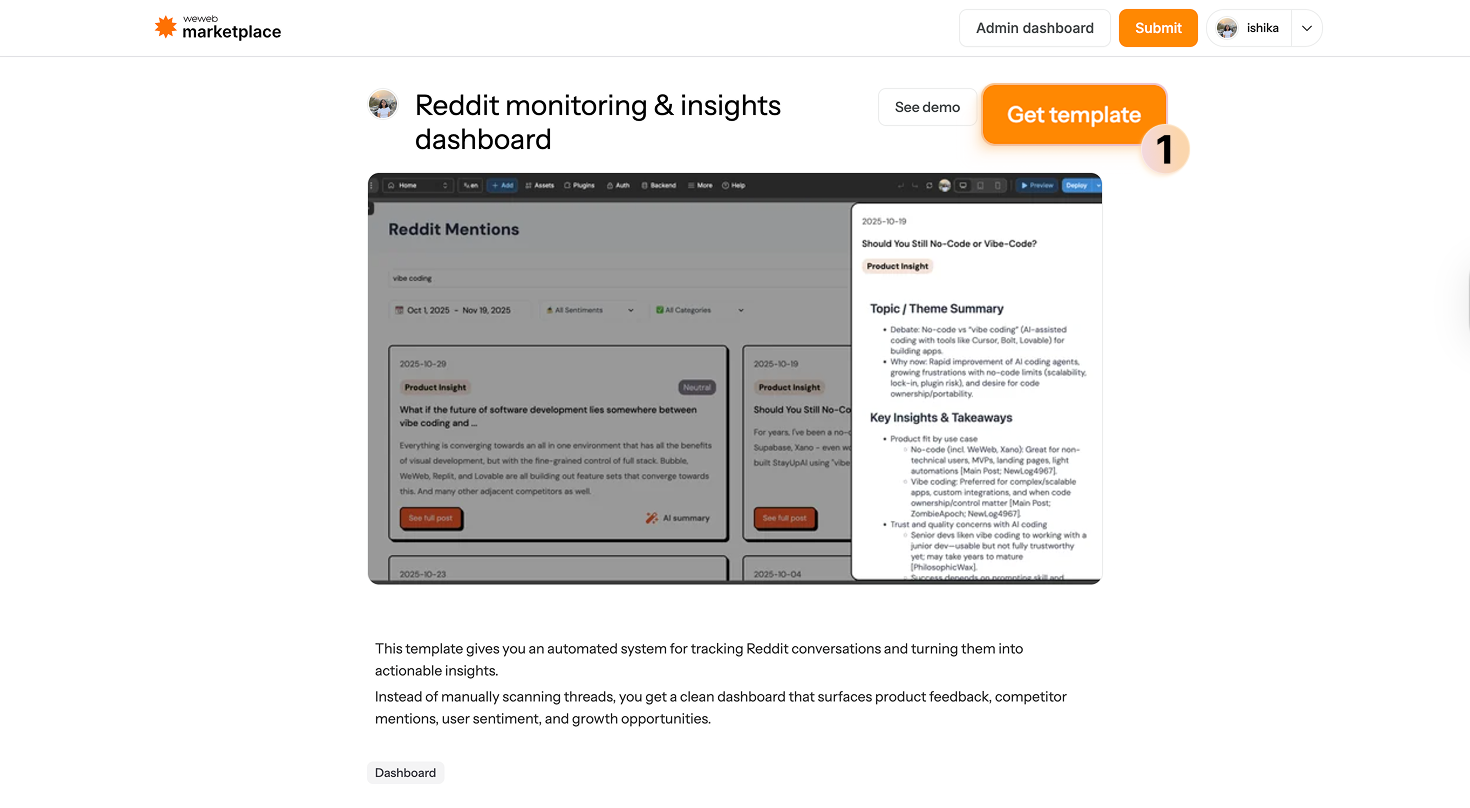 Free WeWeb template for Reddit automation dashboard